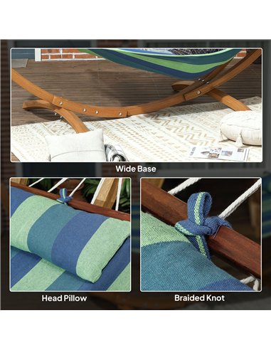 Outsunny Outdoor Hammock with Stand, Garden Hammock with Triple-Head Eucalyptus Wood Arc Frame, 1 Person Cotton Bed and Head Pil