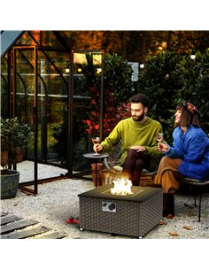 Outsunny Rattan Gas Fire Pit Table for Garden, 13 KW Smokeless Propane Fire Pit with Lid, Square Garden Coffee Table with Patio  2