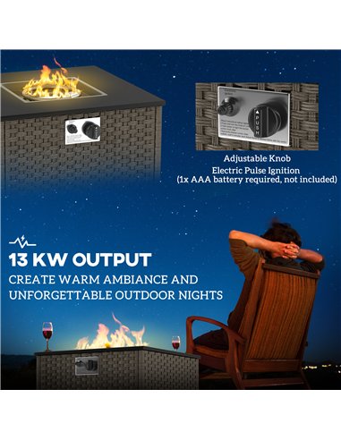 Outsunny Rattan Gas Fire Pit Table for Garden, 13 KW Smokeless Propane Fire Pit with Lid, Square Garden Coffee Table with Patio 