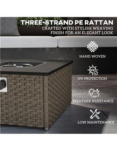 Outsunny Rattan Gas Fire Pit Table for Garden, 13 KW Smokeless Propane Fire Pit with Lid, Square Garden Coffee Table with Patio 