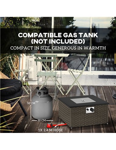 Outsunny Rattan Gas Fire Pit Table for Garden, 13 KW Smokeless Propane Fire Pit with Lid, Square Garden Coffee Table with Patio 