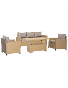 Outsunny 4 PCS Outdoor PE Rattan Sofa Set with Table & Thick Cushion, Khaki