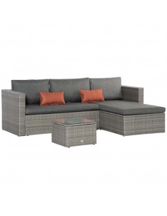 Outsunny 3 Pieces Outdoor PE Rattan Sofa Set with Tempered Glass Table-top & Cushion, Grey