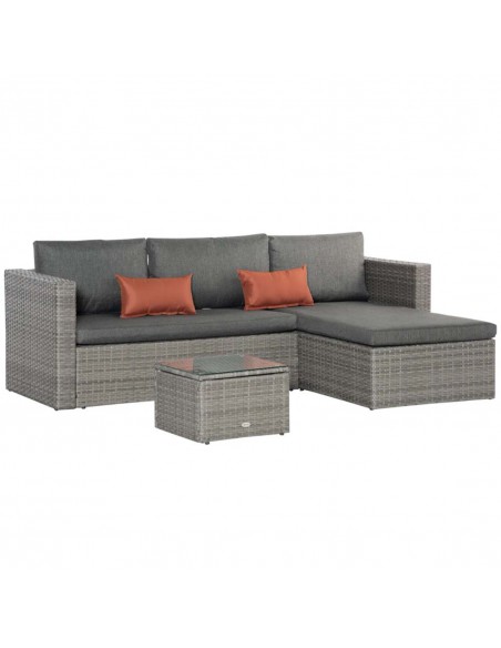 Outsunny 3 Pieces Outdoor PE Rattan Sofa Set with Tempered Glass Table-top & Cushion, Grey - pic 15256 | FastDaddyshop
