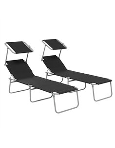 Outsunny Foldable Sun Lounger Set of 2 with Sun Shade & Adjustable Backrest - Black