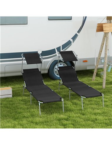Outsunny Foldable Sun Lounger Set of 2 with Sun Shade & Adjustable Backrest - Black