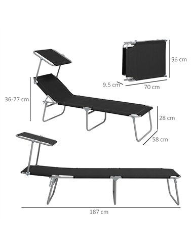Outsunny Foldable Sun Lounger Set of 2 with Sun Shade & Adjustable Backrest - Black