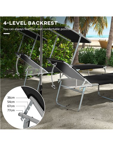 Outsunny Foldable Sun Lounger Set of 2 with Sun Shade & Adjustable Backrest - Black