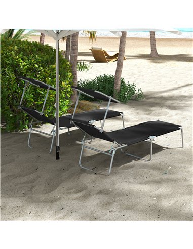 Outsunny Foldable Sun Lounger Set of 2 with Sun Shade & Adjustable Backrest - Black
