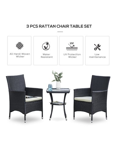 Outsunny Garden Outdoor Rattan Furniture Bistro Set 3 PCs Patio Weave Companion Chair Table Set Conservatory (Black)