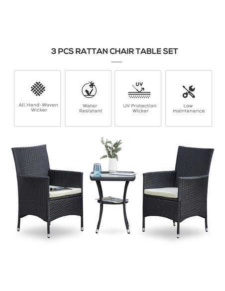 Outsunny Garden Outdoor Rattan Furniture Bistro Set 3 PCs Patio Weave Companion Chair Table Set Conservatory (Black) - pic 15275 | FastDaddyshop