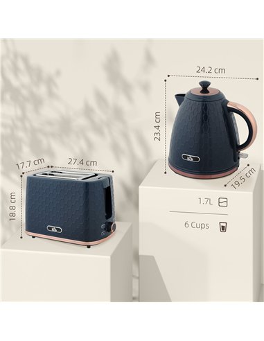 HOMCOM 1.7L 3000W Fast Boil Kettle & 2 Slice Toaster Set, Kettle and Toaster Set with Auto Shut Off, Browning Controls, Blue