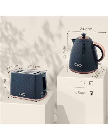 HOMCOM 1.7L 3000W Fast Boil Kettle & 2 Slice Toaster Set, Kettle and Toaster Set with Auto Shut Off, Browning Controls, Blue - pic 152784 | FastDaddyshop