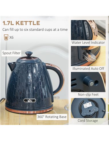 HOMCOM 1.7L 3000W Fast Boil Kettle & 2 Slice Toaster Set, Kettle and Toaster Set with Auto Shut Off, Browning Controls, Blue