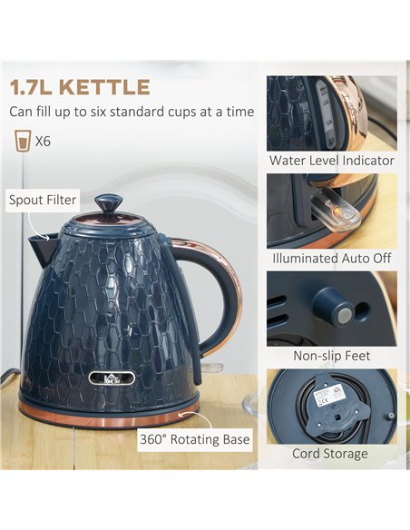 HOMCOM 1.7L 3000W Fast Boil Kettle & 2 Slice Toaster Set, Kettle and Toaster Set with Auto Shut Off, Browning Controls, Blue - pic 152785 | FastDaddyshop