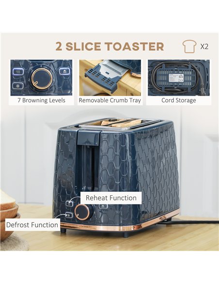 HOMCOM 1.7L 3000W Fast Boil Kettle & 2 Slice Toaster Set, Kettle and Toaster Set with Auto Shut Off, Browning Controls, Blue - pic 152786 | FastDaddyshop