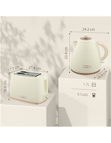 HOMCOM 1.7L 3000W Fast Boil Kettle & 2 Slice Toaster Set, Kettle and Toaster Set with Auto Shut Off, Browning Controls, Beige