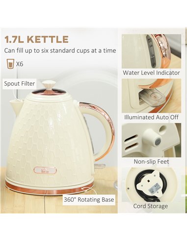 HOMCOM 1.7L 3000W Fast Boil Kettle & 2 Slice Toaster Set, Kettle and Toaster Set with Auto Shut Off, Browning Controls, Beige