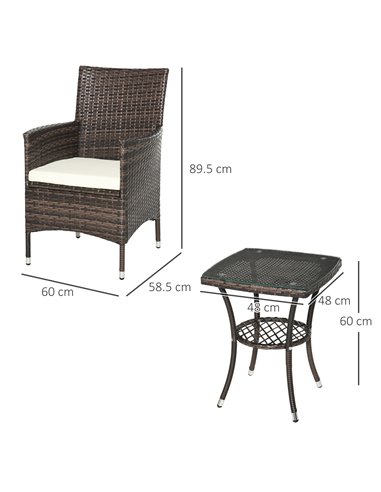 Outsunny Garden Outdoor Rattan Furniture Bistro Set 3 PCs Patio Weave Companion Chair Table Set Conservatory (Brown)
