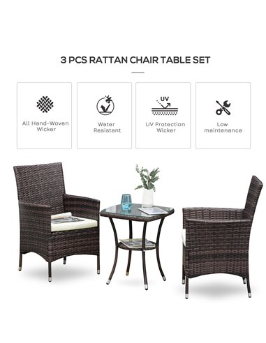 Outsunny Garden Outdoor Rattan Furniture Bistro Set 3 PCs Patio Weave Companion Chair Table Set Conservatory (Brown)