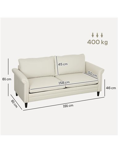 HOMCOM 3 Seater Sofa, Modern Fabric Sofa Couch with Spring Cushion, Rubber Wood Legs, 191cm Upholstered Settee for Living Room, 