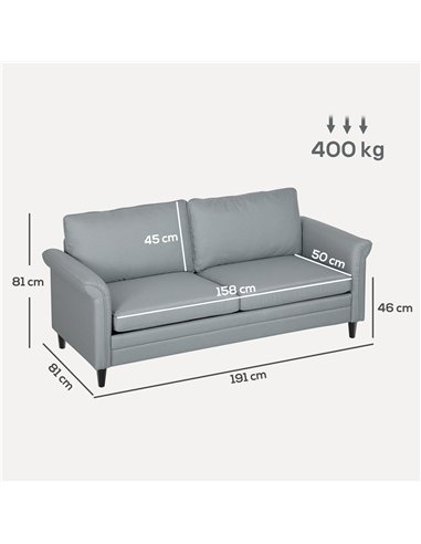 HOMCOM 3 Seater Sofa, Modern Fabric Sofa Couch with Spring Cushion, Rubber Wood Legs, 191cm Upholstered Settee for Living Room, 