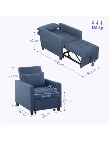 HOMCOM 3-In-1 Chair Bed, Convertible Sleeper Chair with Adjustable Backrest, Pillow and Footrest for Living Room, Blue