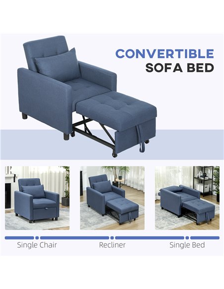 HOMCOM 3-In-1 Chair Bed, Convertible Sleeper Chair with Adjustable Backrest, Pillow and Footrest for Living Room, Blue - pic 152884 | FastDaddyshop