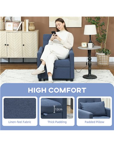 HOMCOM 3-In-1 Chair Bed, Convertible Sleeper Chair with Adjustable Backrest, Pillow and Footrest for Living Room, Blue