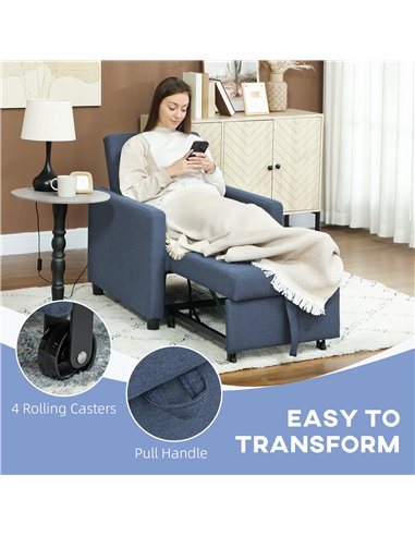 HOMCOM 3-In-1 Chair Bed, Convertible Sleeper Chair with Adjustable Backrest, Pillow and Footrest for Living Room, Blue