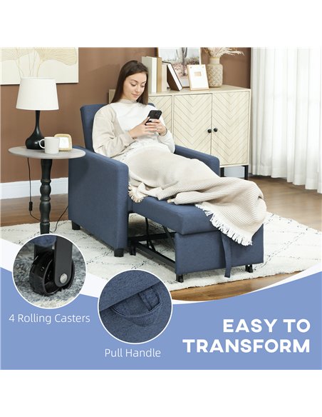 HOMCOM 3-In-1 Chair Bed, Convertible Sleeper Chair with Adjustable Backrest, Pillow and Footrest for Living Room, Blue - pic 152886 | FastDaddyshop