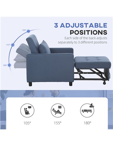 HOMCOM 3-In-1 Chair Bed, Convertible Sleeper Chair with Adjustable Backrest, Pillow and Footrest for Living Room, Blue