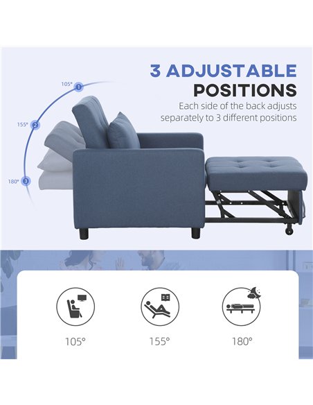 HOMCOM 3-In-1 Chair Bed, Convertible Sleeper Chair with Adjustable Backrest, Pillow and Footrest for Living Room, Blue - pic 152887 | FastDaddyshop