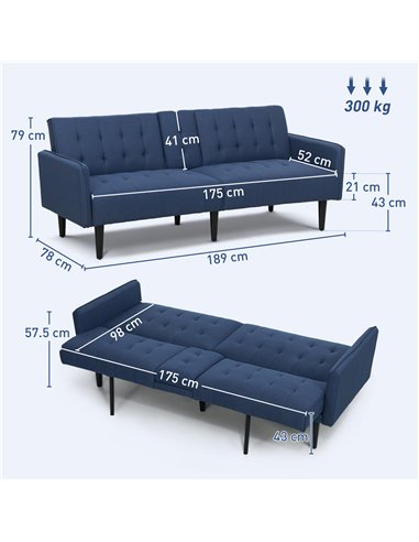 HOMCOM Upholstered Click Clack Sofa Bed, Linen-Feel 3 Seater Sofa Bed with Storage and Cupholders, Dark Blue