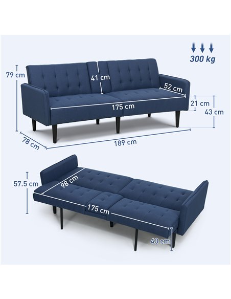 HOMCOM Upholstered Click Clack Sofa Bed, Linen-Feel 3 Seater Sofa Bed with Storage and Cupholders, Dark Blue - pic 152901 | FastDaddyshop