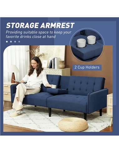 HOMCOM Upholstered Click Clack Sofa Bed, Linen-Feel 3 Seater Sofa Bed with Storage and Cupholders, Dark Blue