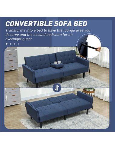 HOMCOM Upholstered Click Clack Sofa Bed, Linen-Feel 3 Seater Sofa Bed with Storage and Cupholders, Dark Blue