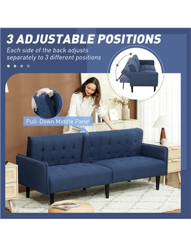 HOMCOM Upholstered Click Clack Sofa Bed, Linen-Feel 3 Seater Sofa Bed with Storage and Cupholders, Dark Blue