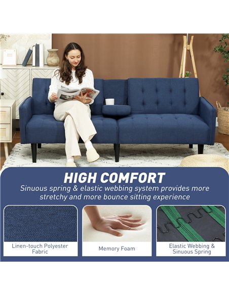 HOMCOM Upholstered Click Clack Sofa Bed, Linen-Feel 3 Seater Sofa Bed with Storage and Cupholders, Dark Blue - pic 152905 | FastDaddyshop