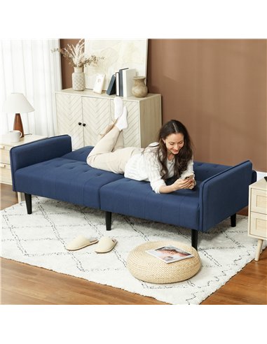 HOMCOM Upholstered Click Clack Sofa Bed, Linen-Feel 3 Seater Sofa Bed with Storage and Cupholders, Dark Blue