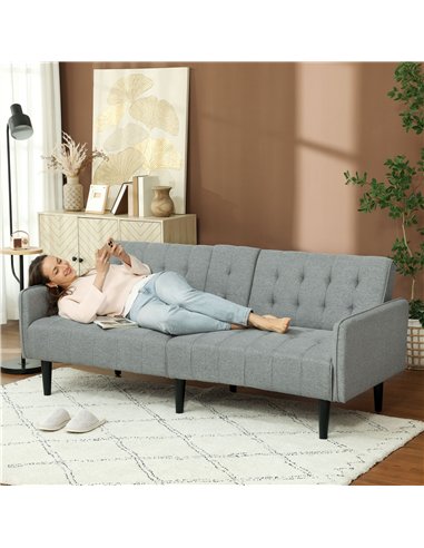 HOMCOM Upholstered Click Clack Sofa Bed, Linen-Feel 3 Seater Sofa Bed with Storage and Cupholders, Light Grey