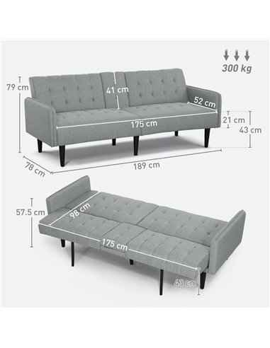 HOMCOM Upholstered Click Clack Sofa Bed, Linen-Feel 3 Seater Sofa Bed with Storage and Cupholders, Light Grey