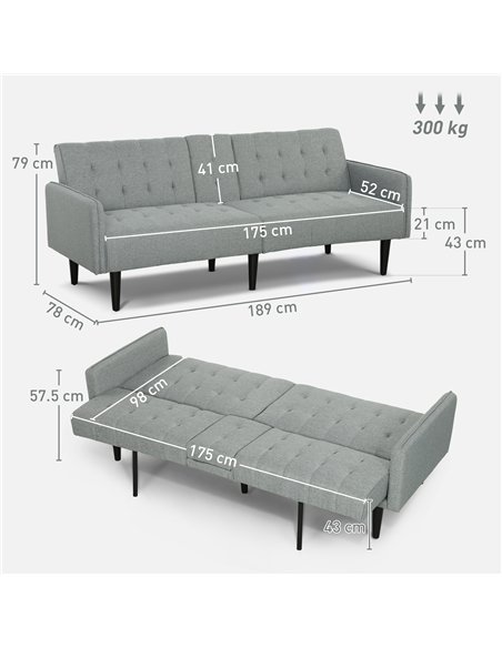 HOMCOM Upholstered Click Clack Sofa Bed, Linen-Feel 3 Seater Sofa Bed with Storage and Cupholders, Light Grey - pic 152910 | FastDaddyshop