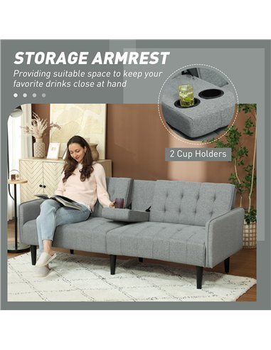 HOMCOM Upholstered Click Clack Sofa Bed, Linen-Feel 3 Seater Sofa Bed with Storage and Cupholders, Light Grey