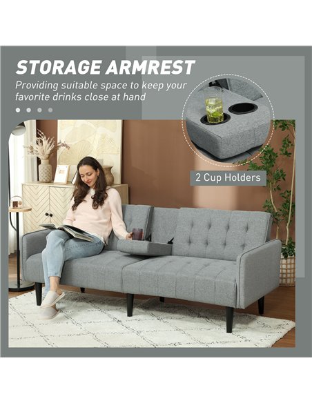 HOMCOM Upholstered Click Clack Sofa Bed, Linen-Feel 3 Seater Sofa Bed with Storage and Cupholders, Light Grey - pic 152911 | FastDaddyshop