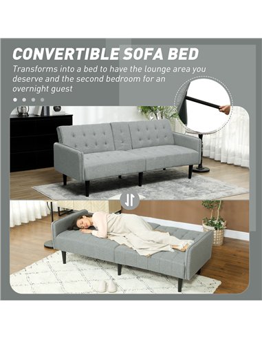 HOMCOM Upholstered Click Clack Sofa Bed, Linen-Feel 3 Seater Sofa Bed with Storage and Cupholders, Light Grey