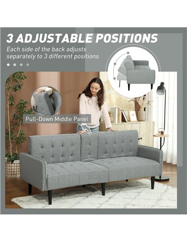 HOMCOM Upholstered Click Clack Sofa Bed, Linen-Feel 3 Seater Sofa Bed with Storage and Cupholders, Light Grey