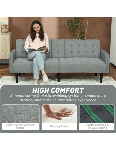 HOMCOM Upholstered Click Clack Sofa Bed, Linen-Feel 3 Seater Sofa Bed with Storage and Cupholders, Light Grey
