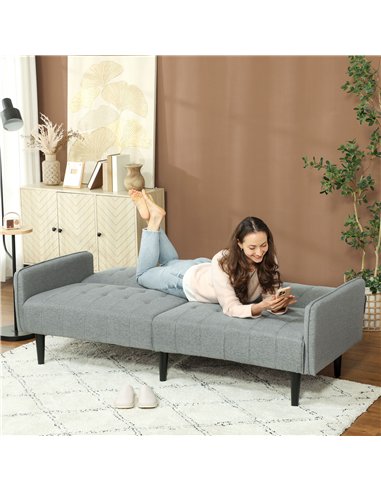HOMCOM Upholstered Click Clack Sofa Bed, Linen-Feel 3 Seater Sofa Bed with Storage and Cupholders, Light Grey