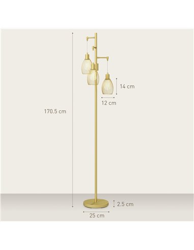 HOMCOM 170cm Industrial 3-Light Floor Lamp, Dimmable Standing Lamp with Steel Lampshades for Living Room, Bedroom, Dinging Room,